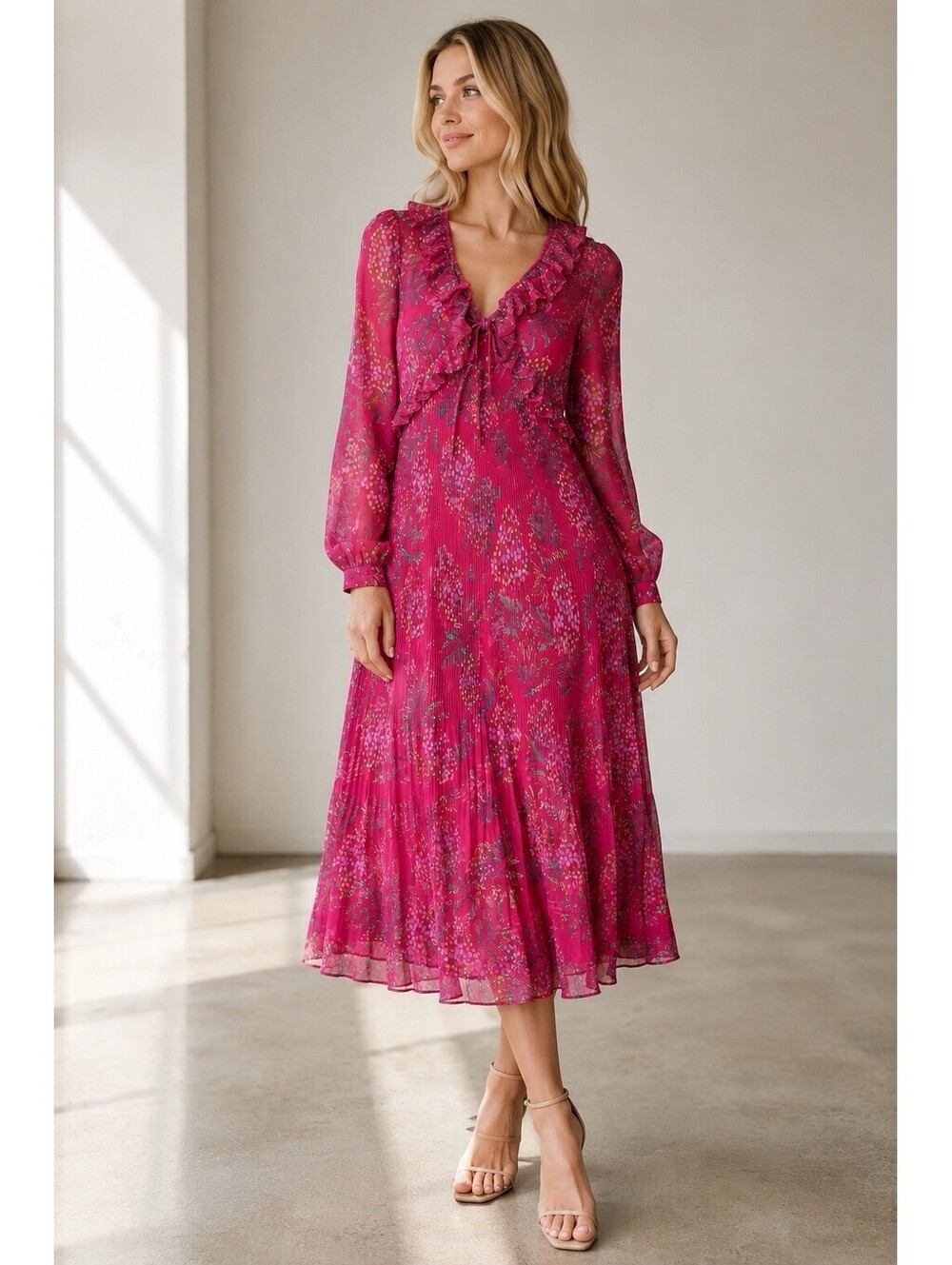 Mila Mae‎ Plissé Ruffle Trim Long Sleeve Midi Dress Size Small